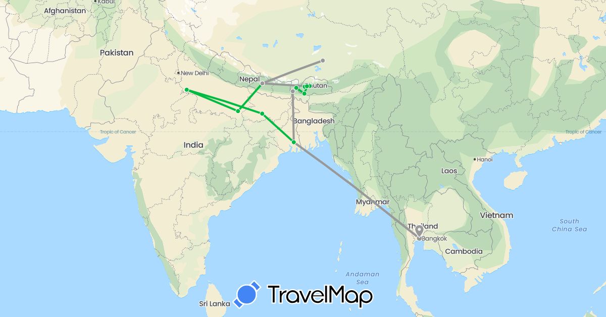 TravelMap itinerary: driving, bus, plane in Bhutan, China, India, Nepal, Thailand (Asia)